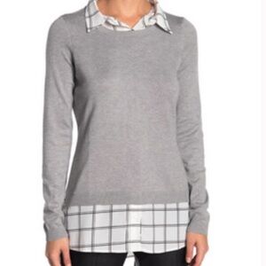 NWT Adrianna Papell Twofer Gray Sweater over White Plaid Button-Up Blouse